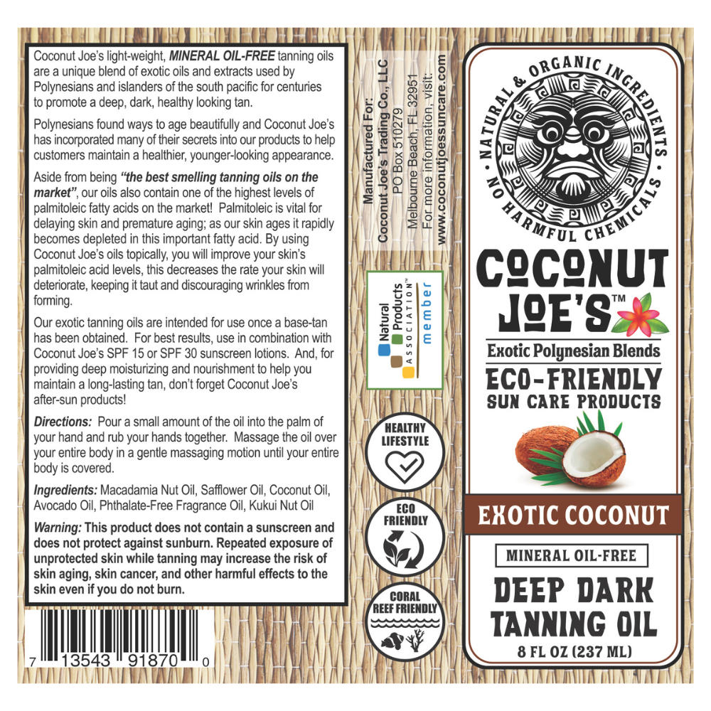 Label Coconut Joe's Exotic Coconut Tanning Oil