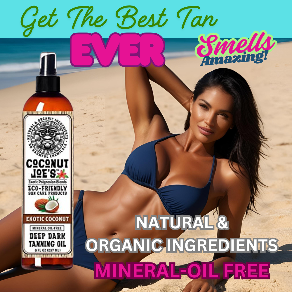 Girl on beach with Coconut Joe's Coconut Tanning Oil