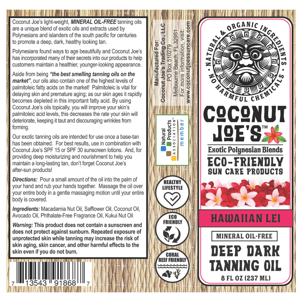 Coconut Joe's Hawaiian Lei Tanning oil label