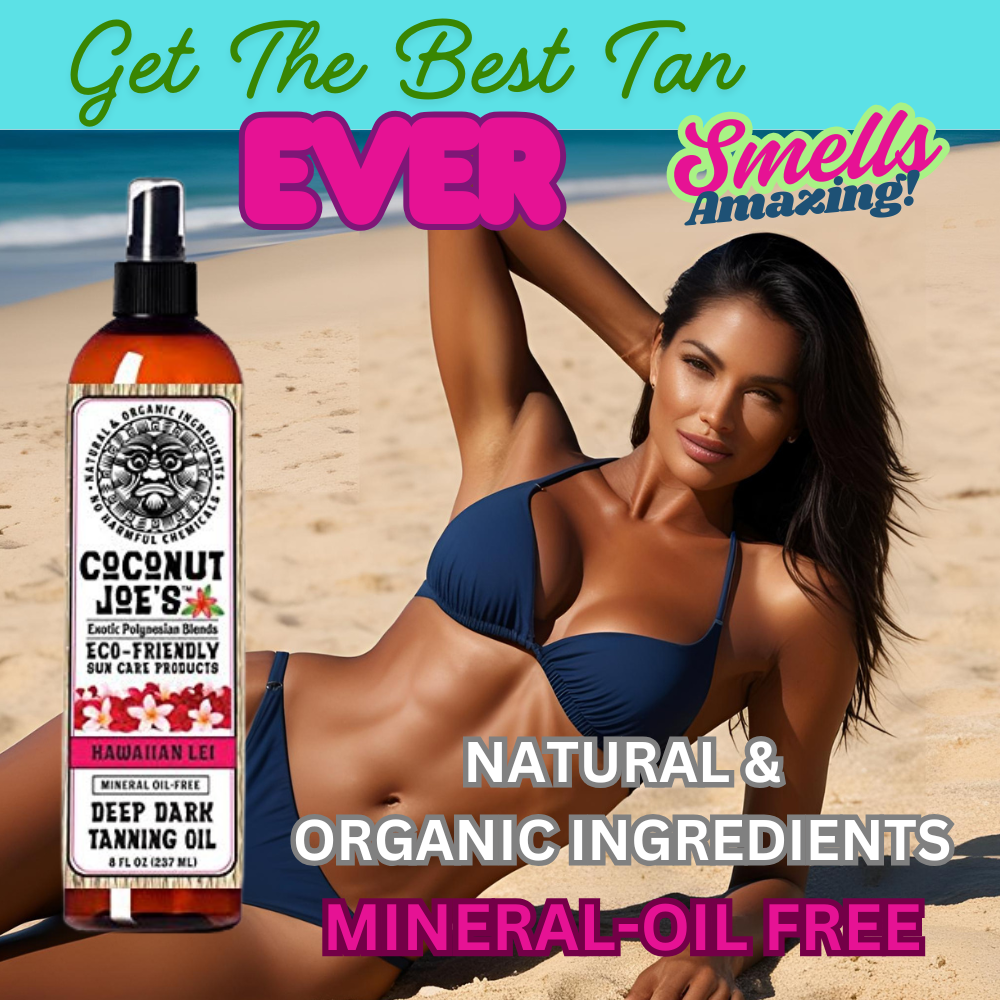 Girl on beach with Hawaiian Lei Tanning Oil, Coconut Joe's Sun Care Products