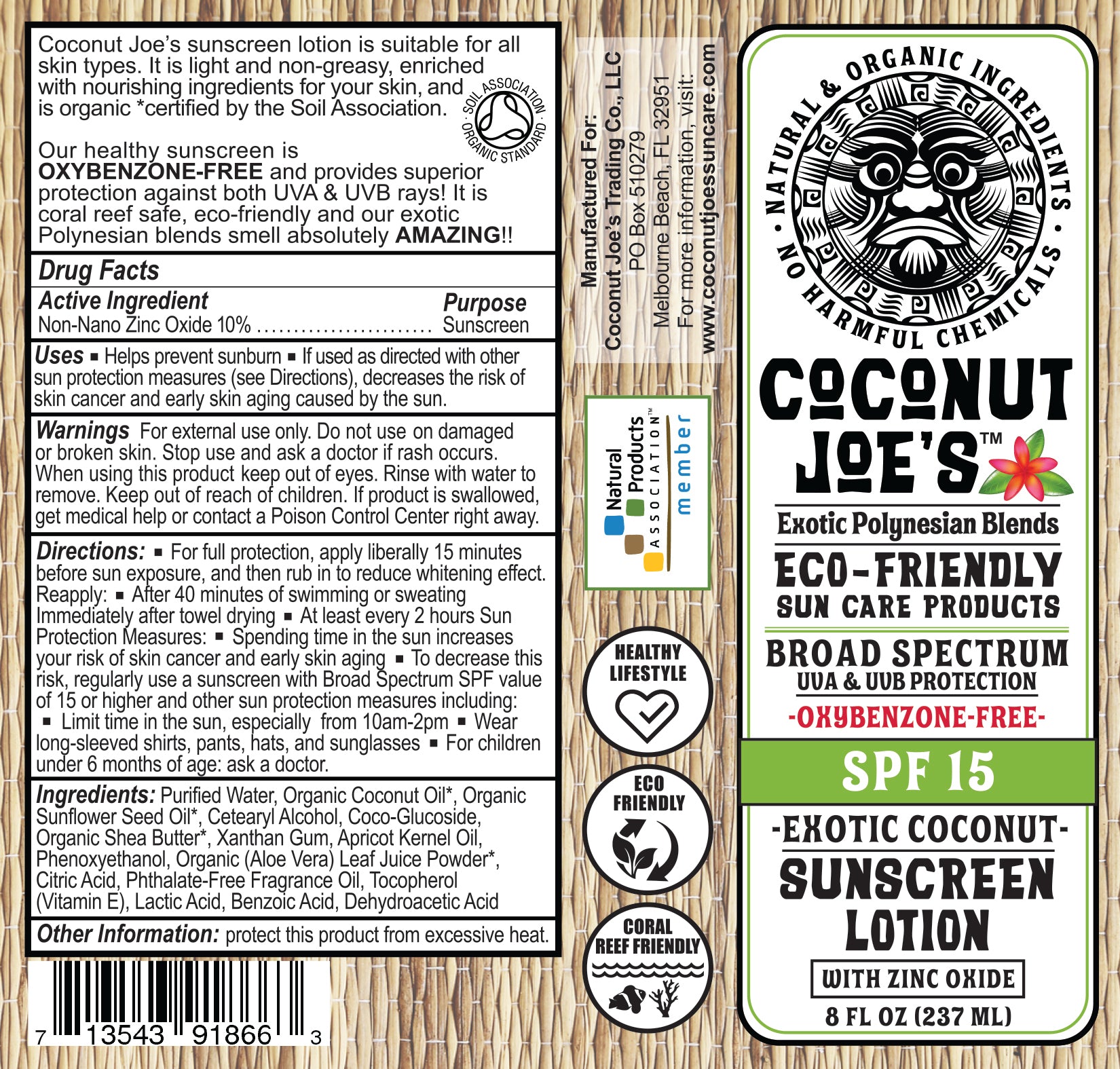 Coconut Joe’s SPF 15 Mineral Sunscreen – Exotic Coconut, Reef Safe, 8oz