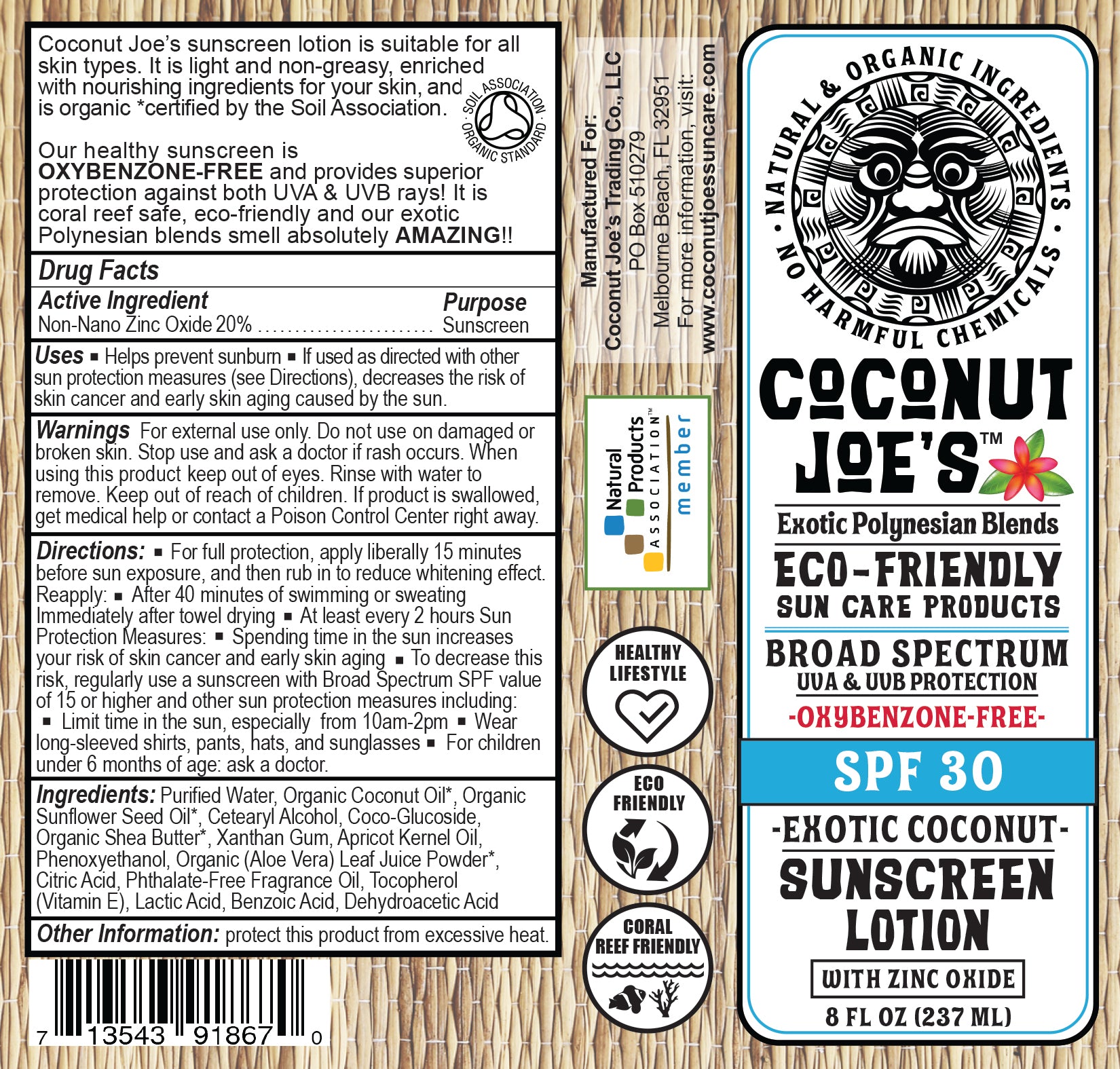 Coconut Joe’s SPF 30 Mineral Sunscreen – Exotic Coconut, Reef Safe, 8oz