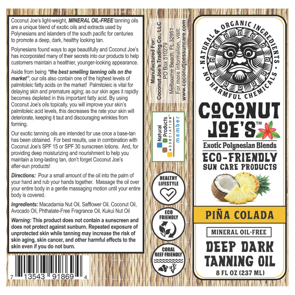 Coconut Joe's Pina Colada Tanning Oil Label