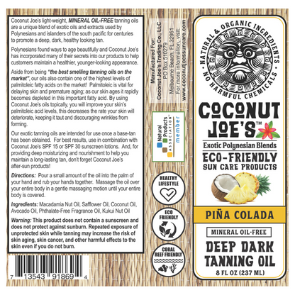 Coconut Joe's Pina Colada Tanning Oil Label