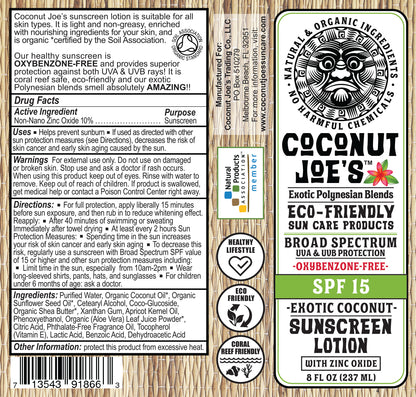 Coconut Joe’s SPF 15 Mineral Sunscreen – Exotic Coconut, Reef Safe, 8oz