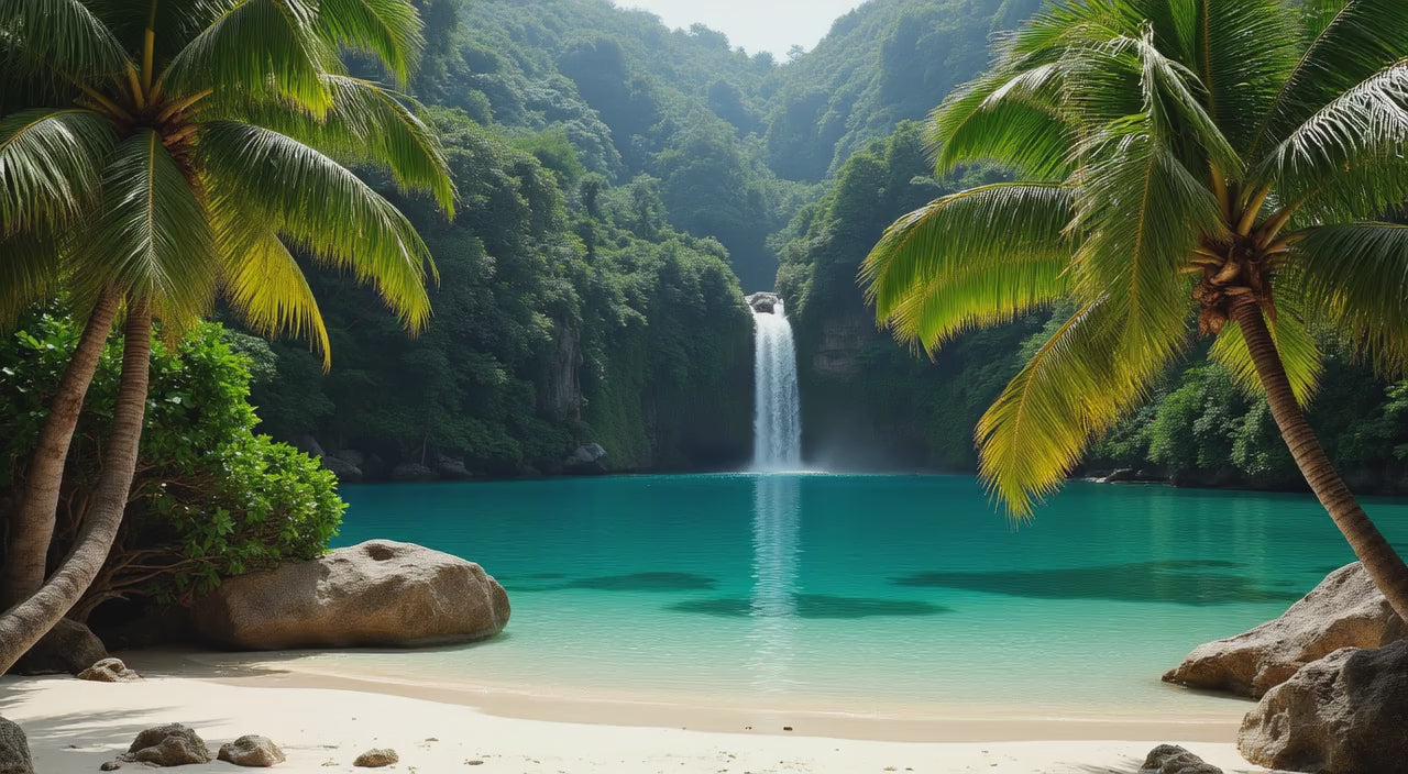 Load video: Coconut palms swaying in breeze by lagoon with waterfall